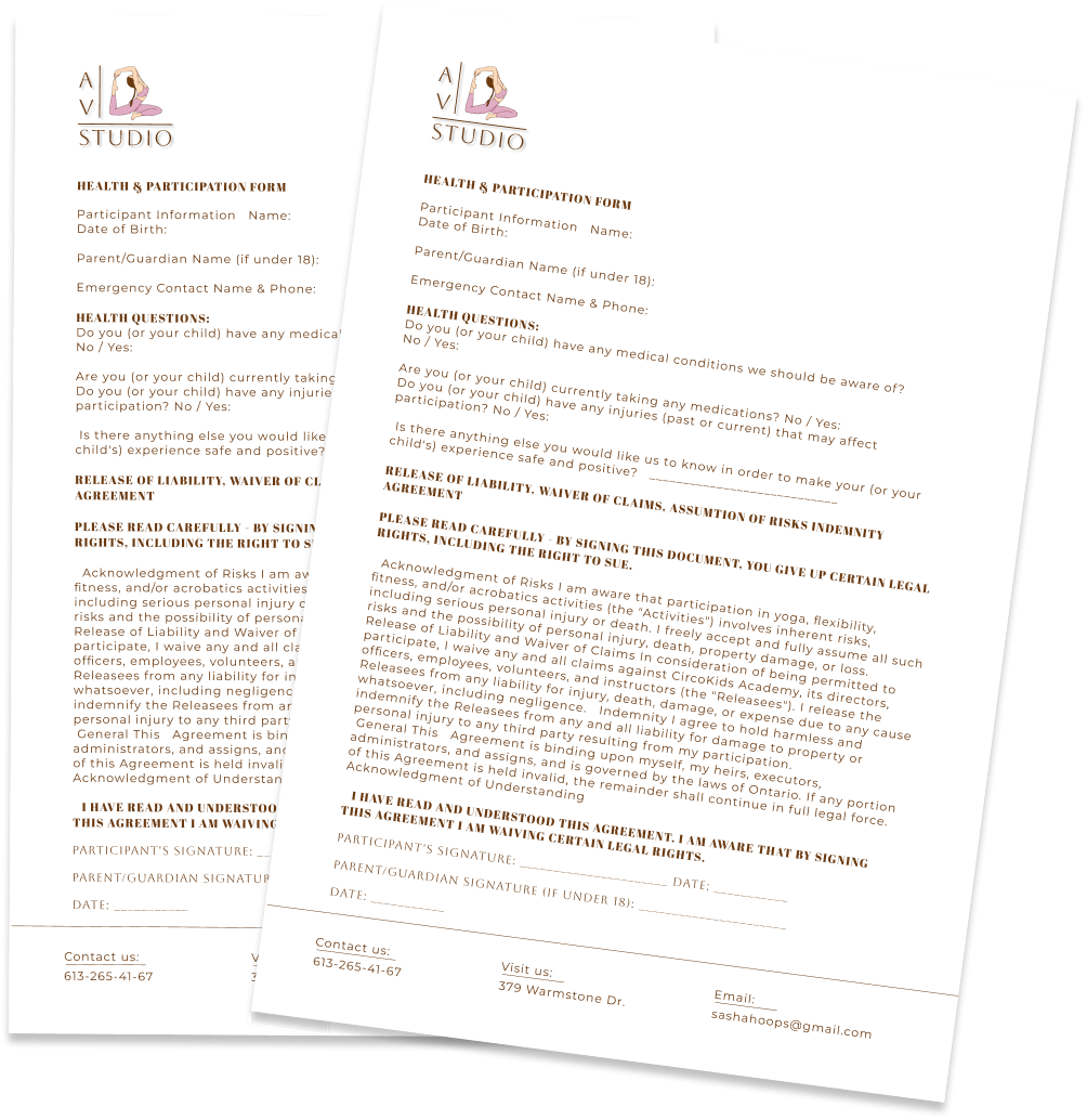 Printed AV Studio health & participation form documents