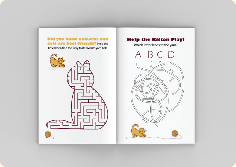 Activity book spread with kitten maze