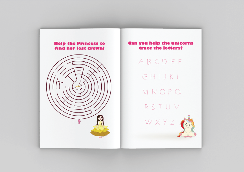 Activity book spread with princess maze and alphabet