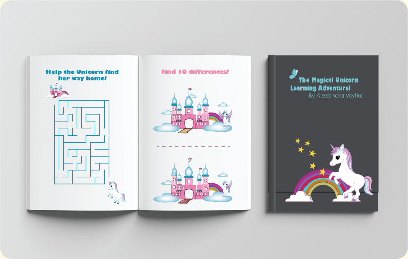 The Magical Unicorn activity book — open maze spread and cover